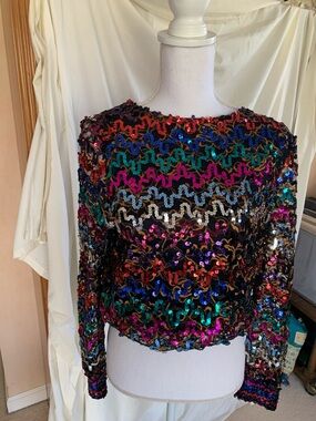 Women's Multicolor Sequin Wave-Pattern Long Sleeve Top